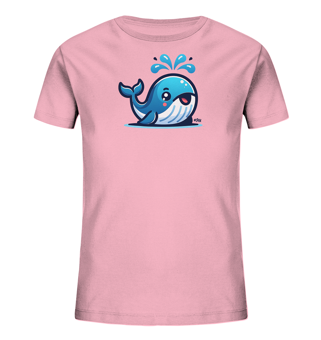 Onlineshop Shirts fuer Kinder - Dieses rosa Kinder-T-Shirt praesentiert eine entzueckende Illustration eines blauen Wals auf der Vorderseite. Der Wal ist im Comic-Stil gezeichnet, spritzt Wasserfontaenen in die Luft und hat ein freundliches Laecheln. Das farbenfrohe Motiv ist zentral auf dem Shirt platziert. Ein froehliches Kleidungsstueck fuer Kinder.