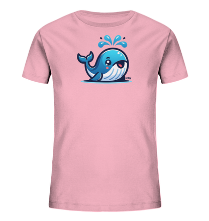 Onlineshop Shirts fuer Kinder - Dieses rosa Kinder-T-Shirt praesentiert eine entzueckende Illustration eines blauen Wals auf der Vorderseite. Der Wal ist im Comic-Stil gezeichnet, spritzt Wasserfontaenen in die Luft und hat ein freundliches Laecheln. Das farbenfrohe Motiv ist zentral auf dem Shirt platziert. Ein froehliches Kleidungsstueck fuer Kinder.