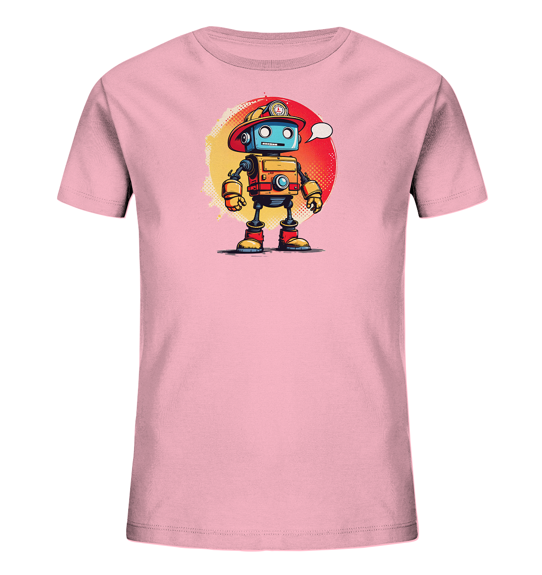 Onlineshop Shirts für Kinder - Das Bild zeigt ein hellrosa T-Shirt für Kinder. Auf der Vorderseite ist ein bunter Cartoon-Roboter abgebildet. Der Roboter trägt einen roten Helm und hat einen orange-roten Körper mit blauen und grauen Details. Hinter dem Roboter ist ein kreisförmiges, farbverlaufendes Element in Gelb und Rot mit einem Punktraster zu sehen. Der Roboter wirkt freundlich und hat eine Sprechblase über dem Kopf.