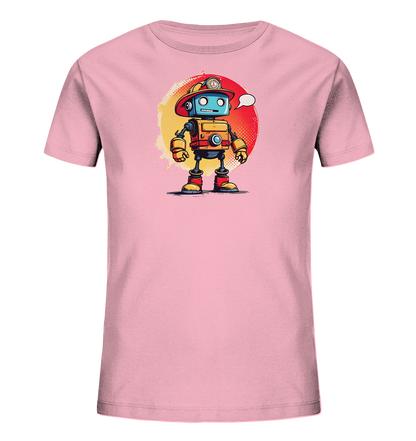 Onlineshop Shirts für Kinder - Das Bild zeigt ein hellrosa T-Shirt für Kinder. Auf der Vorderseite ist ein bunter Cartoon-Roboter abgebildet. Der Roboter trägt einen roten Helm und hat einen orange-roten Körper mit blauen und grauen Details. Hinter dem Roboter ist ein kreisförmiges, farbverlaufendes Element in Gelb und Rot mit einem Punktraster zu sehen. Der Roboter wirkt freundlich und hat eine Sprechblase über dem Kopf.