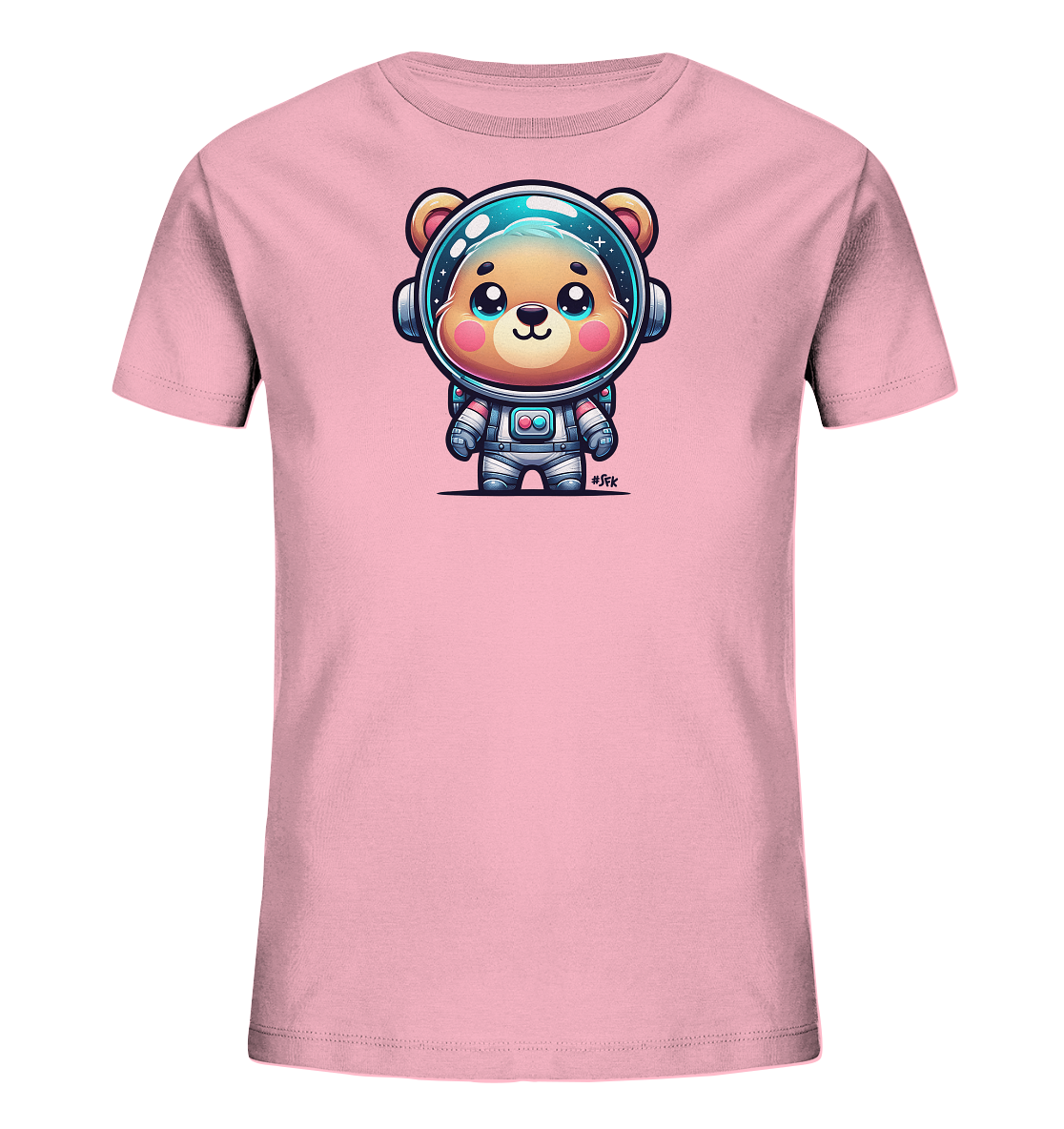 Onlineshop Shirts fuer Kinder - Das Bild zeigt ein pinkfarbenes Kinder-T-Shirt mit einer niedlichen Illustration eines Baeren im Astronautenanzug. Der cartoonartige Baer hat grosse Augen und traegt einen detaillierten Raumanzug mit einem Helm, in dem Sterne zu sehen sind. Dieses Design wirkt fantasievoll und kindgerecht.