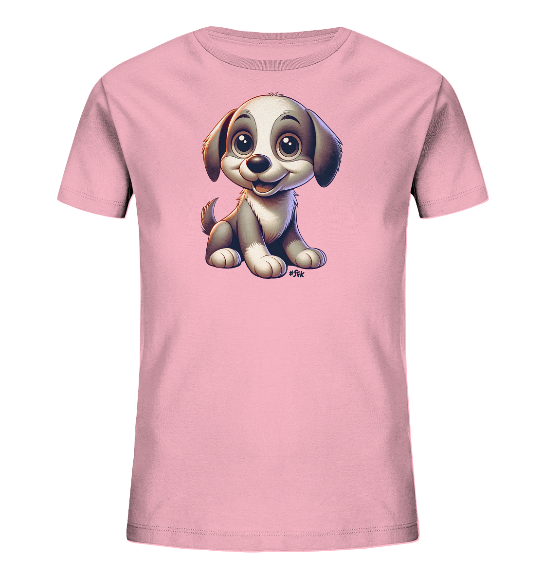 Onlineshop Shirts fuer Kinder - Das Bild zeigt ein rosafarbenes Kinder-T-Shirt mit einem liebevoll gestalteten Motiv eines suessen Welpen auf der Vorderseite. Der sitzende Hund ist in einem detailreichen Cartoon-Stil gehalten und hat grosse, freundliche Augen sowie ein leicht geoeffnetes Laecheln. Sein Fell ist in Grautoenen und Weiss dargestellt. Das Design wirkt froehlich und verspielt, ideal fuer junge Hundefreunde.