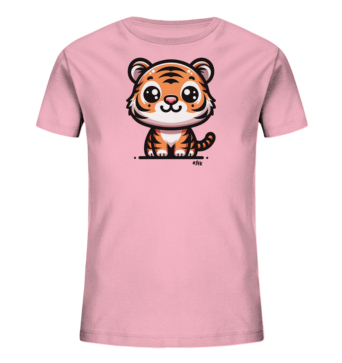 Onlineshop Shirts fuer Kinder - Dieses T-Shirt fuer Kinder in hellem Rosa zeigt eine niedliche, sitzende Baby-Tiger-Illustration. Der kleine Tiger hat grosse Augen, orange-schwarze Streifen und einen freundlichen Ausdruck. Die detailreiche Grafik ist zentral auf der Vorderseite des Shirts platziert. Dieses Design ist froehlich und ansprechend fuer junge Tiger-Fans.