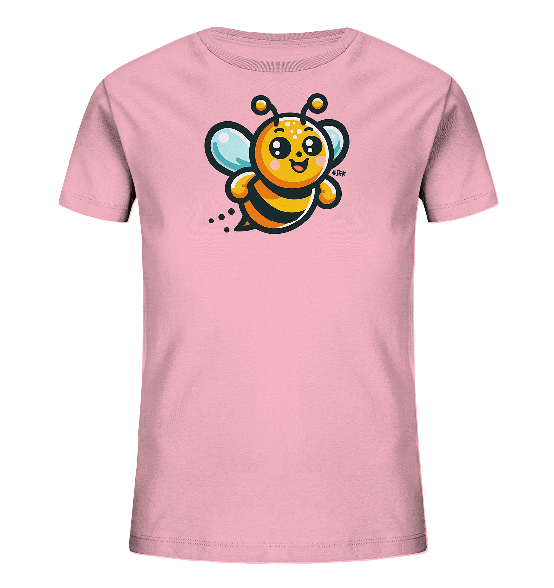 Onlineshop Shirts fuer Kinder - Das Bild zeigt ein hellrosa T-Shirt fuer Kinder. Auf der Vorderseite ist eine niedliche, cartoonhafte Biene mit grossen Augen und hellblauen Fluegeln zu sehen. Die Biene ist gelb-schwarz gestreift und wirkt froehlich fliegend, dargestellt durch kleine Punkte. Dieses verspielte Design verleiht dem Shirt einen froehlichen Charakter.
