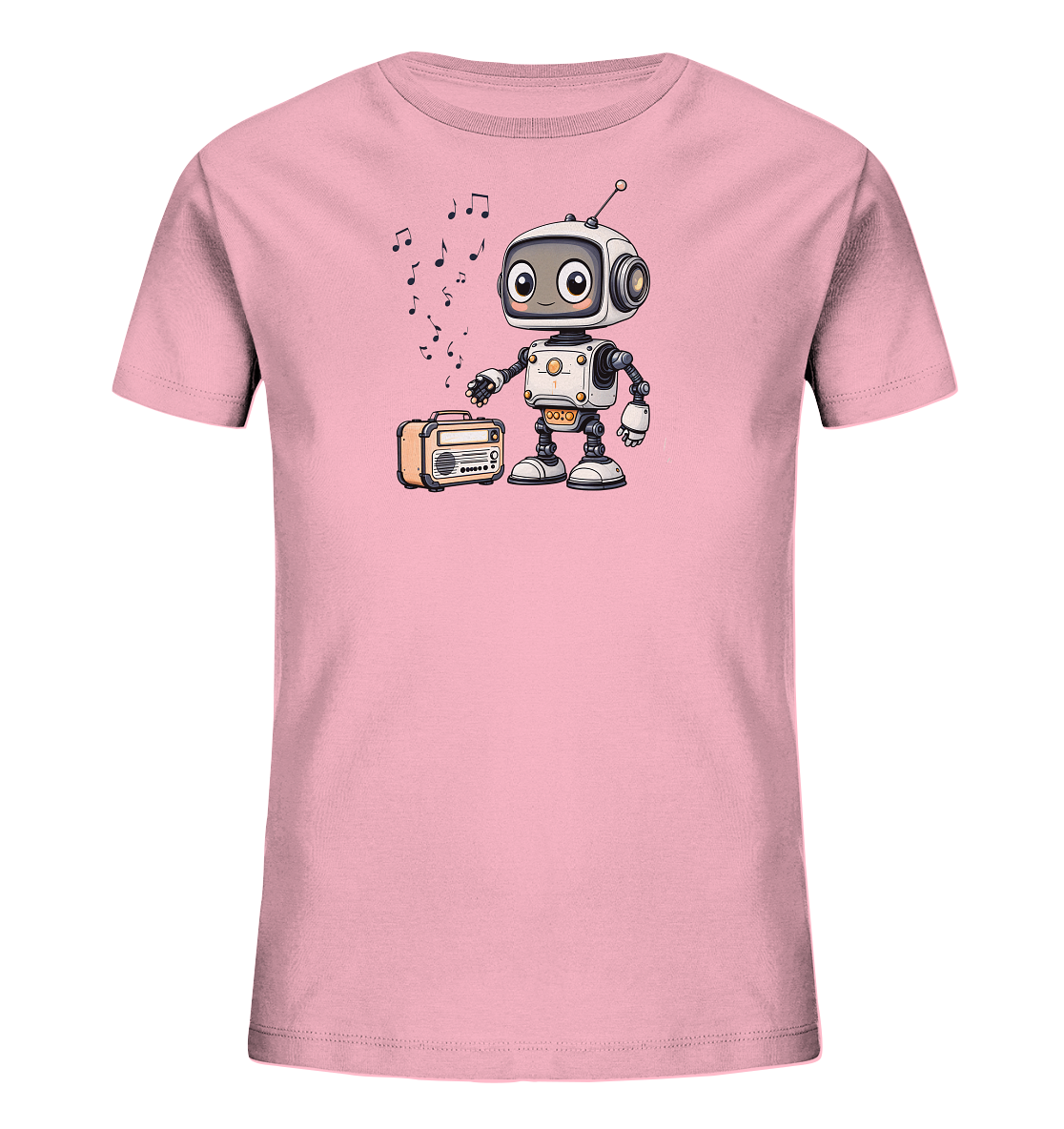 Onlineshop Shirts für Kinder - Das Bild zeigt ein hellrosa T-Shirt für Kinder mit einem aufgedruckten Motiv. Im Zentrum des Designs steht ein freundlicher, cartoonartiger Roboter in Weiß und Grau. Der Roboter steht neben einem kleinen, gelb-beigen Radio, aus dem schwarze Musiknoten aufsteigen. Das Design wirkt verspielt und fröhlich, ideal für musikliebende Kinder.