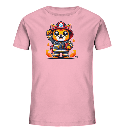 Kinder T-Shirt mit eine winkende Cartoon-Katze als Feuerwehrfigur mit Helm und Uniform