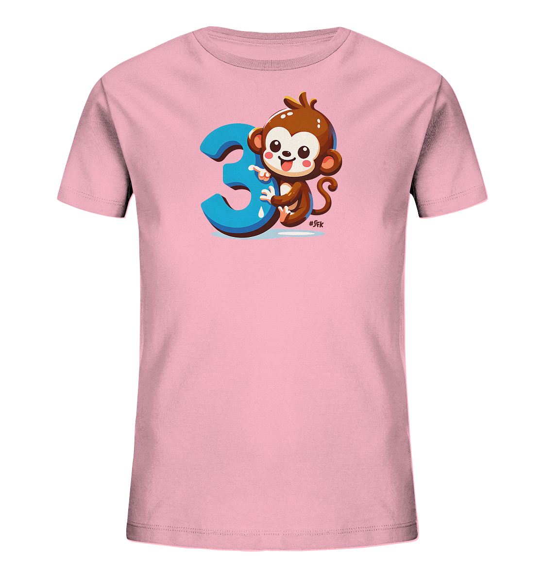 Onlineshop Shirts fuer Kinder - Das Bild zeigt ein hellrosafarbenes T-Shirt fuer Kinder. Auf der Vorderseite ist ein suesser Cartoon-Affe abgebildet, der neben einer grossen, blauen Zahl '3' sitzt. Der Affe laechelt und hat eine verspielte Haltung. Dieses Design ist farbenfroh und ansprechend fuer kleine Kinder.