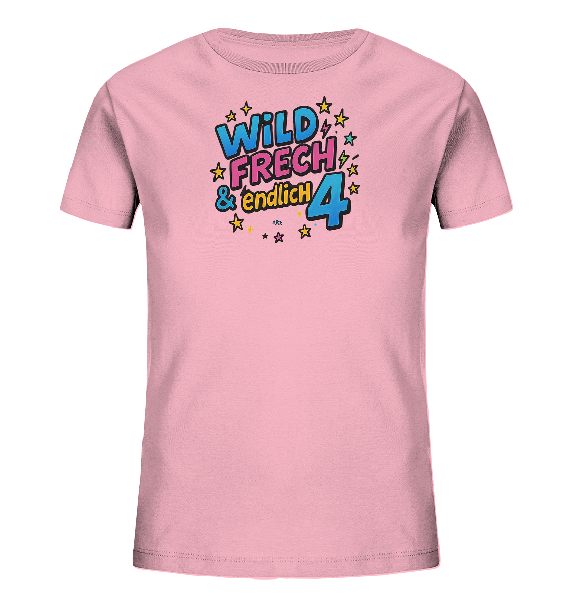 Onlineshop Shirts fuer Kinder - Das Bild zeigt ein hellrosa Kinder-T-Shirt. Auf der Vorderseite befindet sich ein bunter Druck im Comic-Stil. Der Druck beinhaltet den Text "WILD FRECH & endlich 4" umgeben von Sternen und Blitzen. Das Design wirkt dynamisch und verspielt, passend fuer ein viertes Jubilaeum.