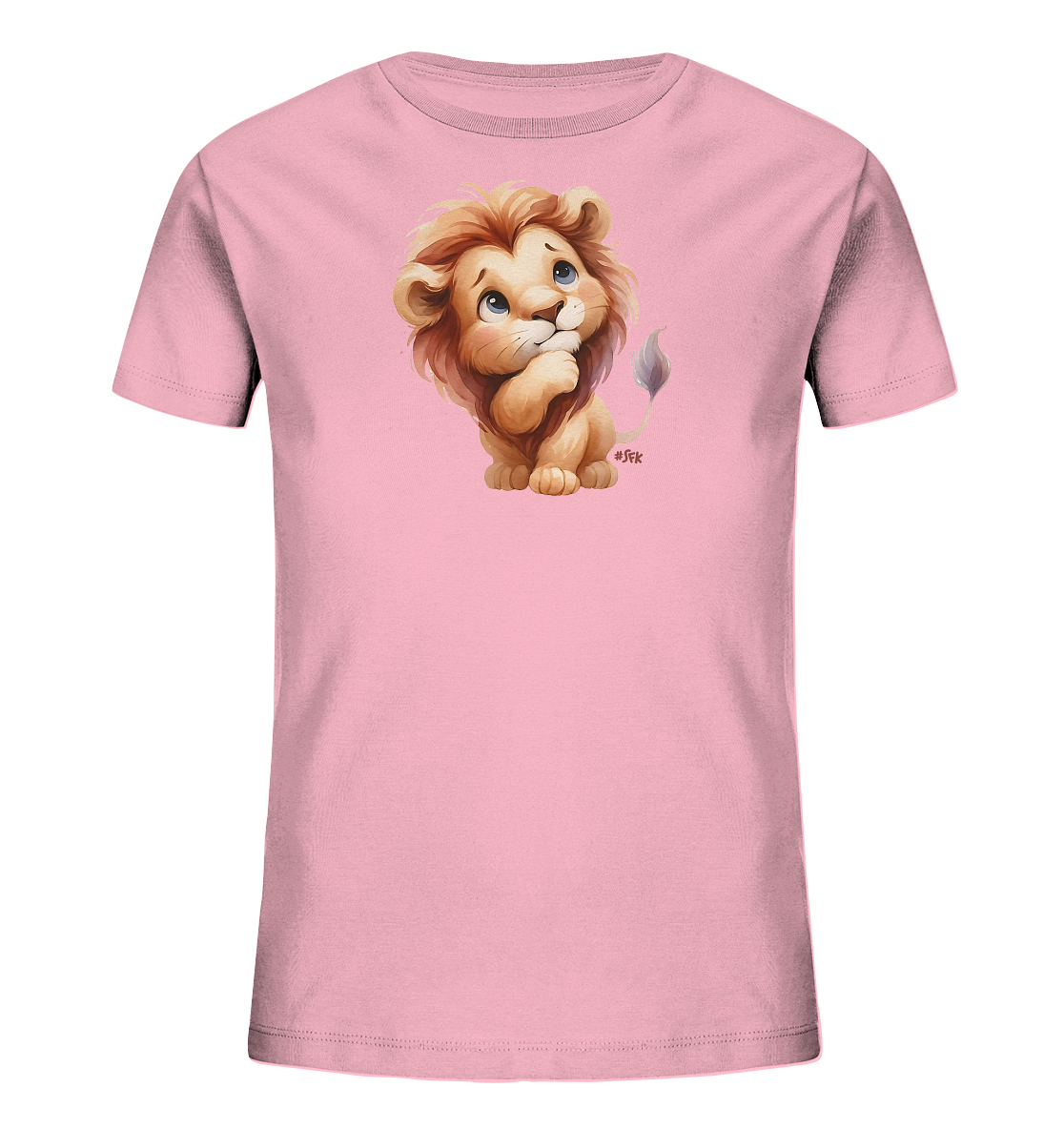 Kinder T-Shirt mit nachdenklichem Cartoon-Löwen und großen blauen Augen