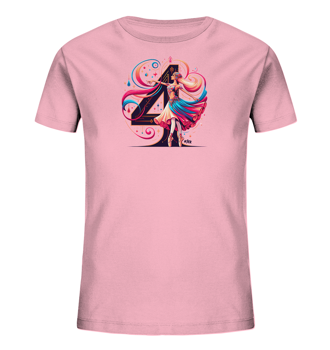 Onlineshop Shirts fuer Kinder - Das Bild zeigt ein hellrosa T-Shirt mit einem farbenfrohen und kuenstlerischen Motiv auf der Vorderseite. Das Design zeigt eine stilisierte Zahl '4' im Hintergrund. Davor steht eine Figur, die wie eine Ballerina aussieht, in einer eleganten Pose mit fliessenden Haaren und Kleid. Das Motiv ist von bunten Wirbeln und Elementen umgeben, was dem Shirt einen lebhaften und fantasievollen Look verleiht.