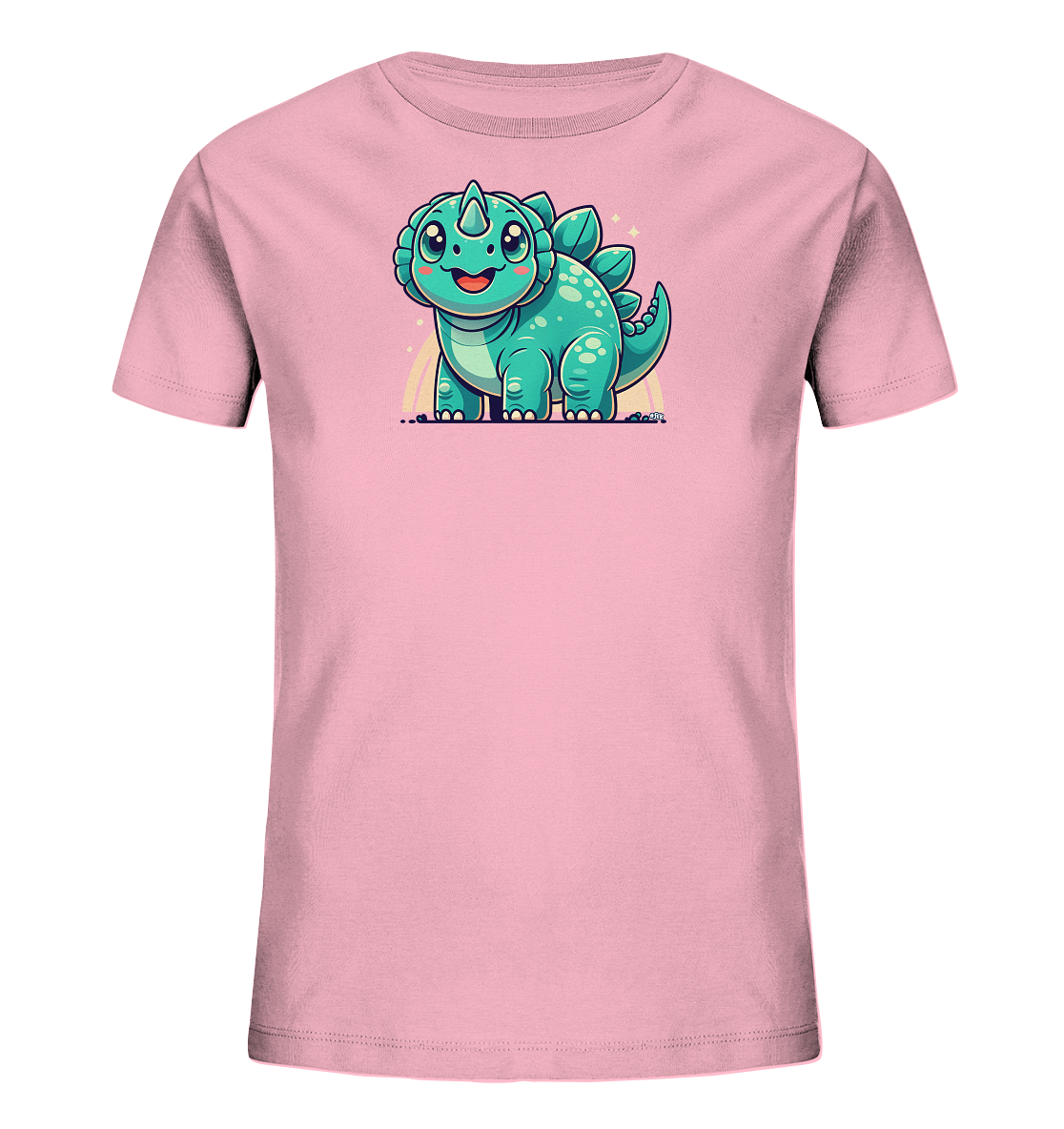 Onlineshop Shirts fuer Kinder - Das Bild zeigt ein hellrosa Kinder-T-Shirt mit einem niedlichen Cartoon-Dinosaurier. Der kleine, tuerkisfarbene Dinosaurier hat grosse Augen, ein Laecheln und Stacheln auf dem Ruecken. Hinter ihm sind angedeutete farbige Linien und Sterne zu sehen. Das froehliche Design ist auf der Vorderseite des Shirts platziert.