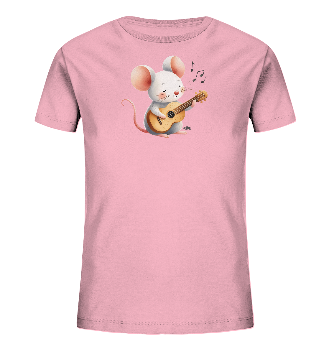 Onlineshop Shirts für Kinder - Das Bild zeigt ein rosa Kinder-T-Shirt mit einem niedlichen Aufdruck einer Cartoon-Maus. Die Maus ist weiß mit großen rosafarbenen Ohren und sitzt spielerisch eine kleine Ukulele. Über ihr sind einige schwarze Noten dargestellt, was die musikalische Szene untermalt. Das Design ist fröhlich und kinderfreundlich gestaltet.