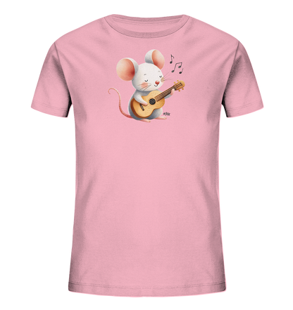 Onlineshop Shirts für Kinder - Das Bild zeigt ein rosa Kinder-T-Shirt mit einem niedlichen Aufdruck einer Cartoon-Maus. Die Maus ist weiß mit großen rosafarbenen Ohren und sitzt spielerisch eine kleine Ukulele. Über ihr sind einige schwarze Noten dargestellt, was die musikalische Szene untermalt. Das Design ist fröhlich und kinderfreundlich gestaltet.