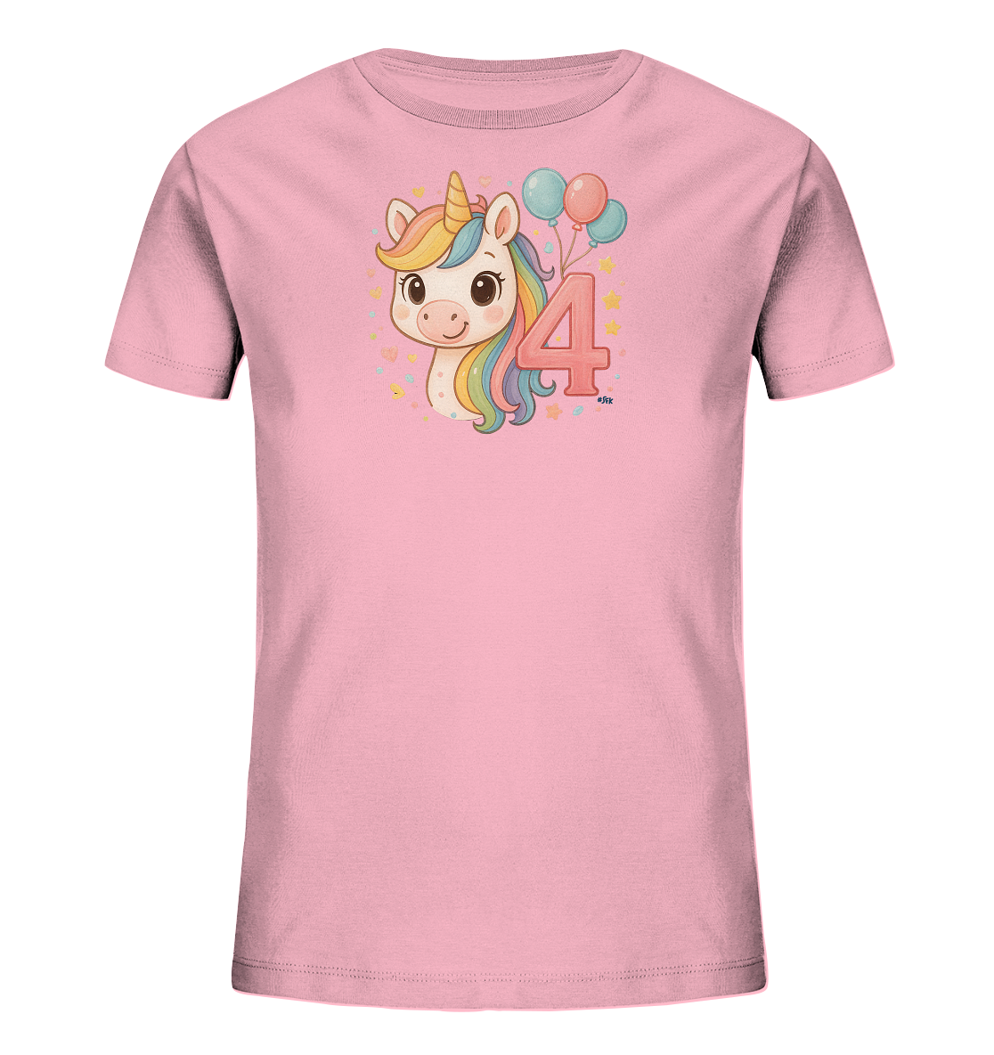 Onlineshop Shirts fuer Kinder - Dieses zartrosa Kinder-T-Shirt zeigt eine charmante Illustration eines Einhorns mit bunter Maehne. Neben dem Einhorn ist die grosse, rosafarbene Zahl 4 zu sehen, begleitet von blauen und rosa Ballons. Das Motiv ist umgeben von kleinen Sternen und Glitzerpartikeln, was dem Design einen froehlichen und magischen Touch verleiht.