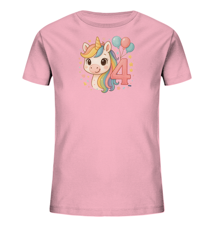 Onlineshop Shirts fuer Kinder - Dieses zartrosa Kinder-T-Shirt zeigt eine charmante Illustration eines Einhorns mit bunter Maehne. Neben dem Einhorn ist die grosse, rosafarbene Zahl 4 zu sehen, begleitet von blauen und rosa Ballons. Das Motiv ist umgeben von kleinen Sternen und Glitzerpartikeln, was dem Design einen froehlichen und magischen Touch verleiht.