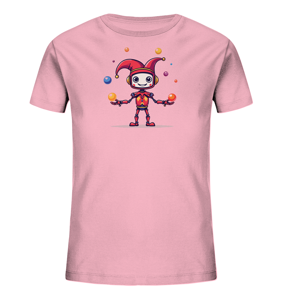Onlineshop Shirts für Kinder - Das Bild zeigt ein hellrosafarbenes T-Shirt für Kinder mit einem farbenfrohen Motiv auf der Vorderseite. Zentral auf dem Shirt ist eine Illustration eines freundlich lächelnden Roboters im Jester-Kostüm mit roter Narrenkappe abgebildet. Der Roboter jongliert mehrere bunte Kugeln in den Farben Gelb, Orange, Rot, Blau und Violett. Das Design ist im Comic-Stil gehalten und verleiht dem Shirt einen fröhlichen und verspielten Charakter, ideal für Kinderkleidung.