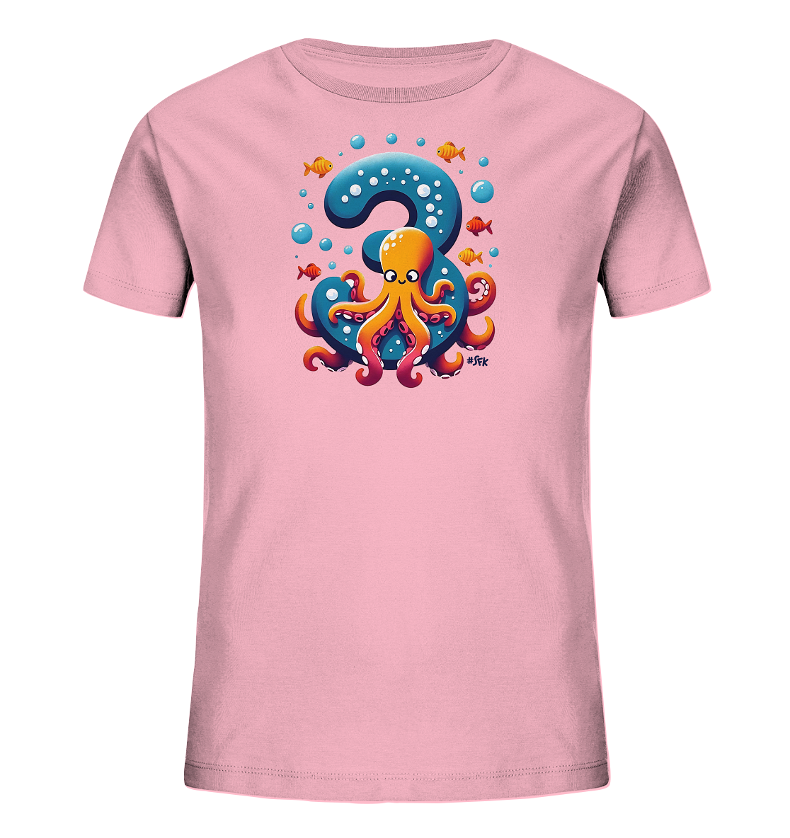 Onlineshop Shirts fuer Kinder - Das Bild zeigt ein pinkes Kinder-T-Shirt. Auf der Vorderseite ist ein grosses blaues '3' zu sehen, auf dem ein freundlicher, orangefarbener Oktopus sitzt. Um das Motiv schwimmen kleine Fische und Blasen. Es ist ein verspieltes Design.