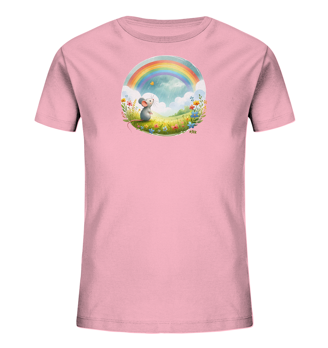 Onlineshop Shirts fuer Kinder - Dieses rosa T-Shirt fuer Kinder zeigt eine niedliche Illustration. Eine kleine Maus sitzt auf einem Huegel voller Blumen und blickt zu einem bunten Regenbogen am Himmel. Eine kleine Wolke und ein Schmetterling ergaenzen das froehliche Motiv. Die gesamte Szene ist in einem ovalen Rahmen dargestellt.