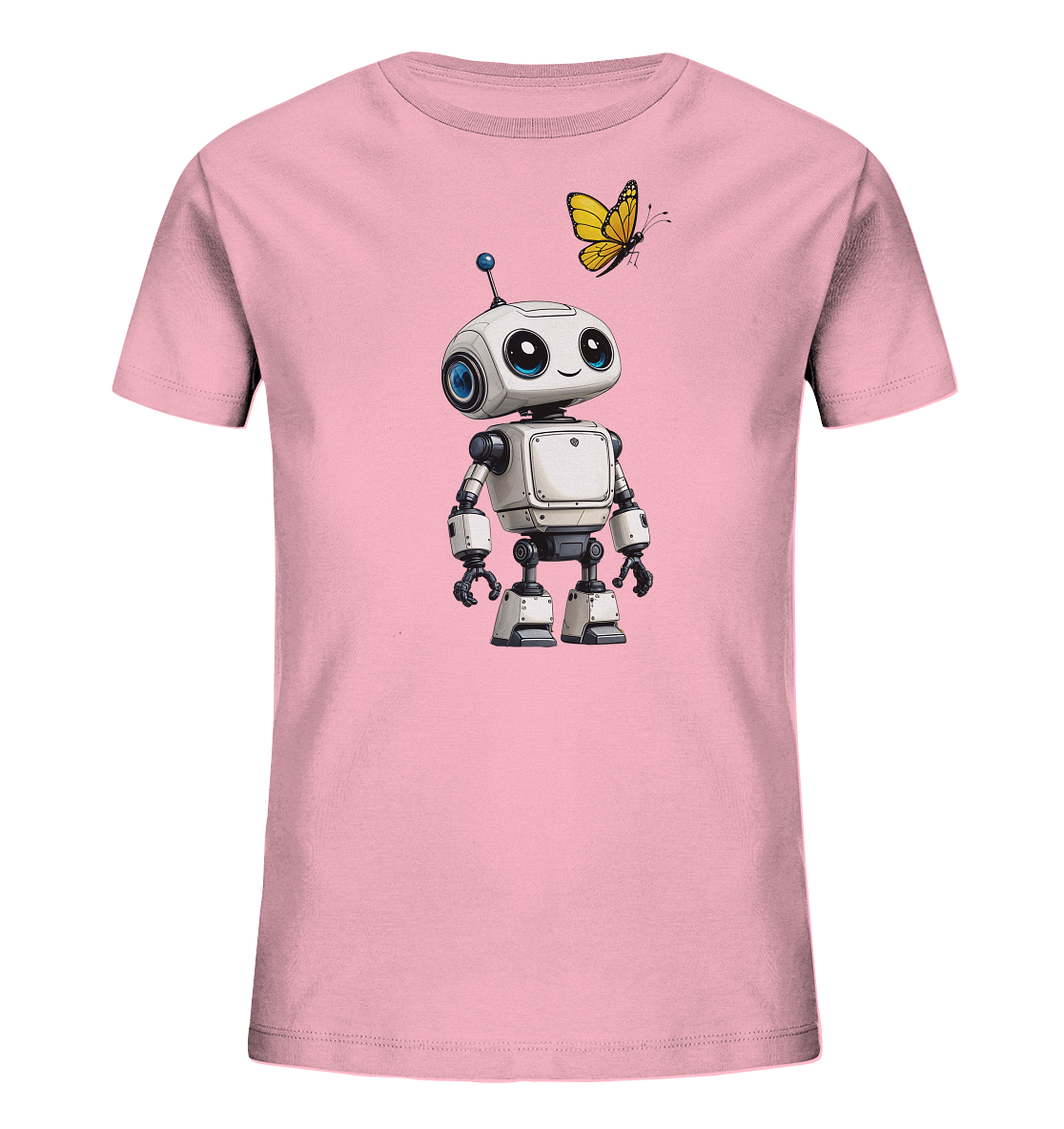 Onlineshop Shirts für Kinder - Das Bild zeigt ein Kinder-T-Shirt in einem zarten Rosa. Auf der Vorderseite ist eine niedliche Illustration eines kleinen Roboters zu sehen. Der Roboter hat große, freundliche Augen, einen weißen Körper mit grauen Akzenten und eine kleine blaue Antenne. Über dem Roboter fliegt ein gelber Schmetterling, der das verspielte Design ergänzt.