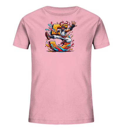 Kinder T-Shirt mit springendem Ninja, großer Zahl 5 und bunten Farbspritzern