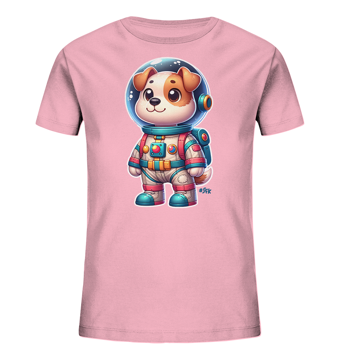 Onlineshop Shirts fuer Kinder - Das Bild zeigt ein rosafarbenes Kinder-T-Shirt. Auf der Vorderseite befindet sich eine suesse Illustration eines Hundes in einem bunten Astronautenanzug mit Helm. Der Hund blickt freundlich nach vorne. Das Design wirkt verspielt und abenteuerlich.