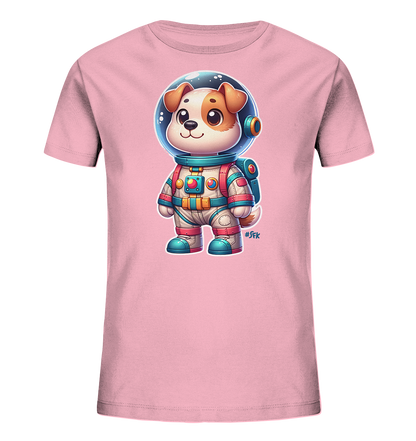 Onlineshop Shirts fuer Kinder - Das Bild zeigt ein rosafarbenes Kinder-T-Shirt. Auf der Vorderseite befindet sich eine suesse Illustration eines Hundes in einem bunten Astronautenanzug mit Helm. Der Hund blickt freundlich nach vorne. Das Design wirkt verspielt und abenteuerlich.