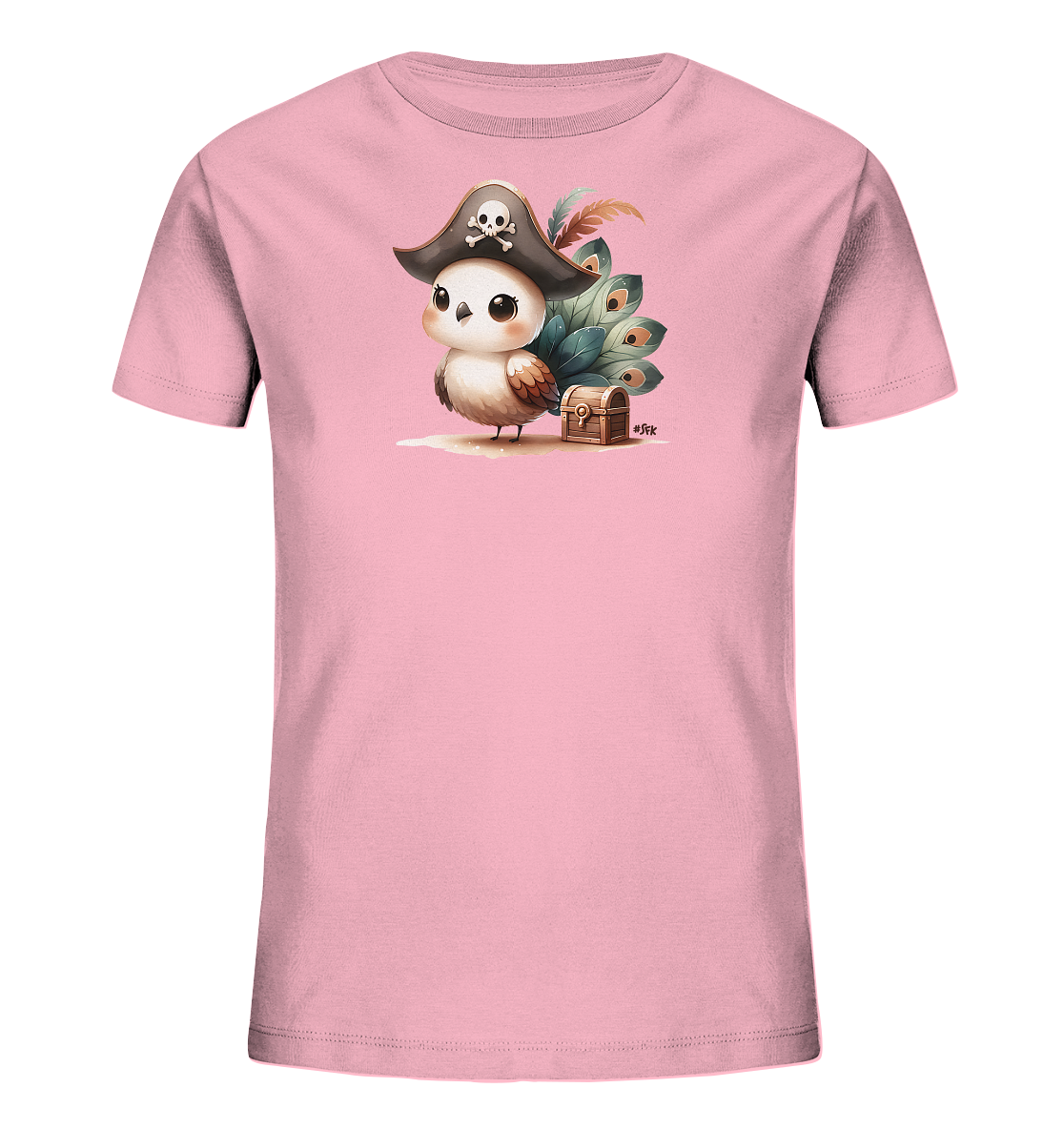 Onlineshop Shirts fuer Kinder - Das Bild zeigt ein hellrosa Kinder-T-Shirt mit einem niedlichen Druck auf der Vorderseite. Das Motiv zeigt einen cartoonhaften Vogel mit Piratenhut neben einer kleinen Schatztruhe. Hinter dem Vogel sind grosse, faecherartige Federn mit Augenmustern zu sehen. Das Design ist detailreich und hat einen verspielten Charakter, ideal fuer kleine Abenteurer.