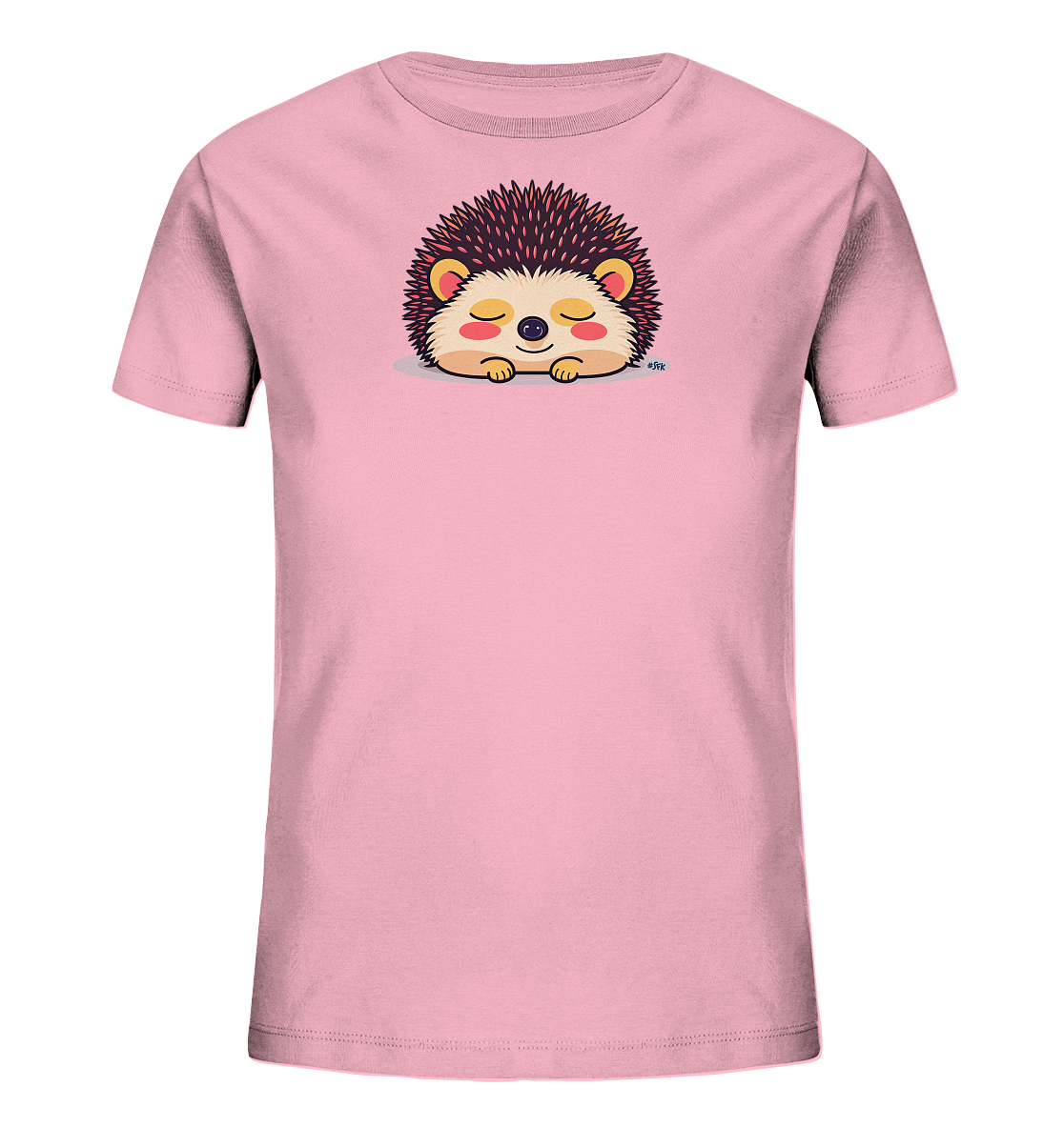 Onlineshop Shirts fuer Kinder - Das Bild zeigt ein rosafarbenes T-Shirt fuer Kinder. Auf der Vorderseite ist eine suesse, schlafende Igel-Illustration zu sehen, die mit geschlossenen Augen und rosigen Wangen dargestellt ist. Die Stacheln des Igels sind dunkelbraun bis roetlich. Das Design wirkt beruhigend und liebevoll, ideal fuer junge Traeger.