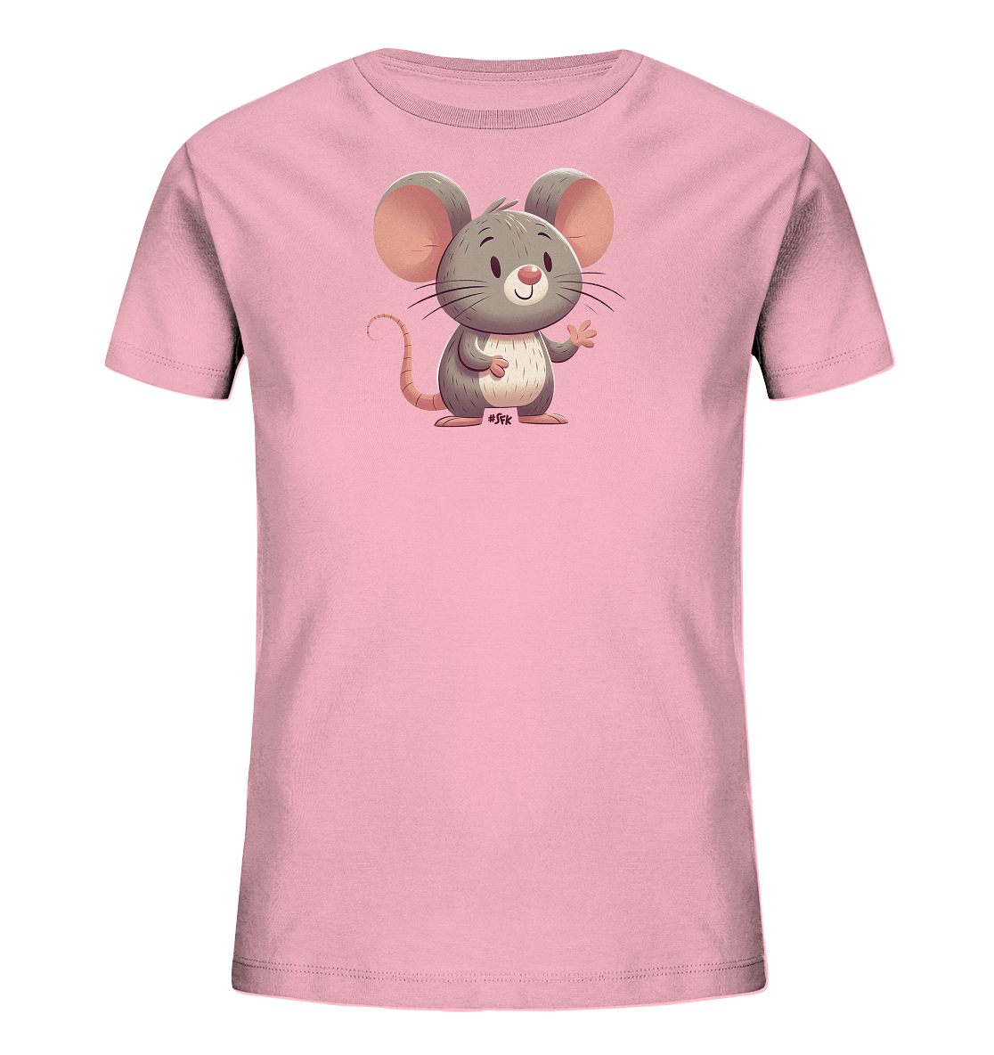 Onlineshop Shirts fuer Kinder - Das Bild zeigt ein hellrosafarbenes T-Shirt fuer Kinder mit einem niedlichen Comic-Motiv. Abgebildet ist eine freundliche graue Maus mit grossen rosafarbenen Ohren, die aufrecht steht und eine Pfote winkt. Das Design ist schlicht und auf das einzelne, froehlich wirkende Tier konzentriert.
