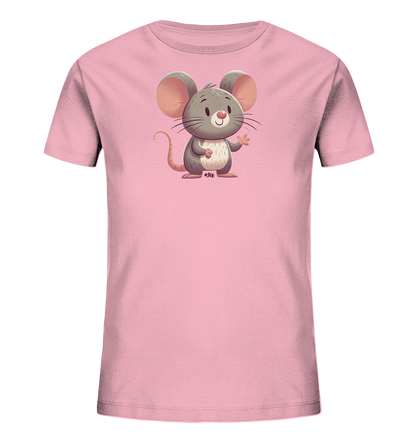 Onlineshop Shirts fuer Kinder - Das Bild zeigt ein hellrosafarbenes T-Shirt fuer Kinder mit einem niedlichen Comic-Motiv. Abgebildet ist eine freundliche graue Maus mit grossen rosafarbenen Ohren, die aufrecht steht und eine Pfote winkt. Das Design ist schlicht und auf das einzelne, froehlich wirkende Tier konzentriert.