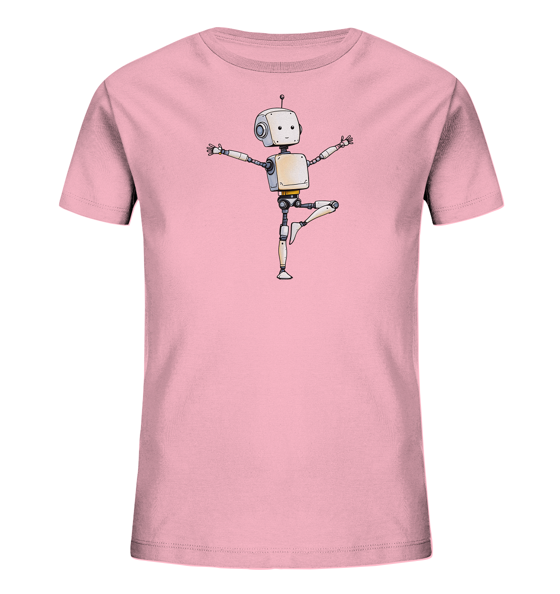 Onlineshop Shirts für Kinder - Das Bild zeigt ein hellrosafarbenes Kinder-T-Shirt. Auf der Vorderseite des Shirts ist eine grafische Darstellung eines cartoonhaften Roboters abgebildet. Der Roboter ist in einer dynamischen Pose zu sehen, die an Ballett oder Tanzen erinnert, mit ausgestreckten Armen und einem angehobenen Bein. Das Design des Roboters ist vereinfacht gehalten, mit einem rechteckigen Körper, einem runden Kopf mit Antenne und angedeuteten Gelenken.