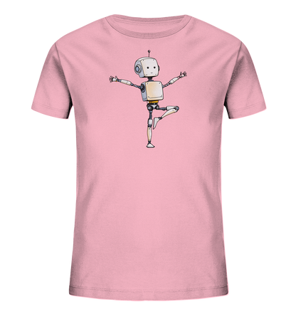 Onlineshop Shirts für Kinder - Das Bild zeigt ein hellrosafarbenes Kinder-T-Shirt. Auf der Vorderseite des Shirts ist eine grafische Darstellung eines cartoonhaften Roboters abgebildet. Der Roboter ist in einer dynamischen Pose zu sehen, die an Ballett oder Tanzen erinnert, mit ausgestreckten Armen und einem angehobenen Bein. Das Design des Roboters ist vereinfacht gehalten, mit einem rechteckigen Körper, einem runden Kopf mit Antenne und angedeuteten Gelenken.