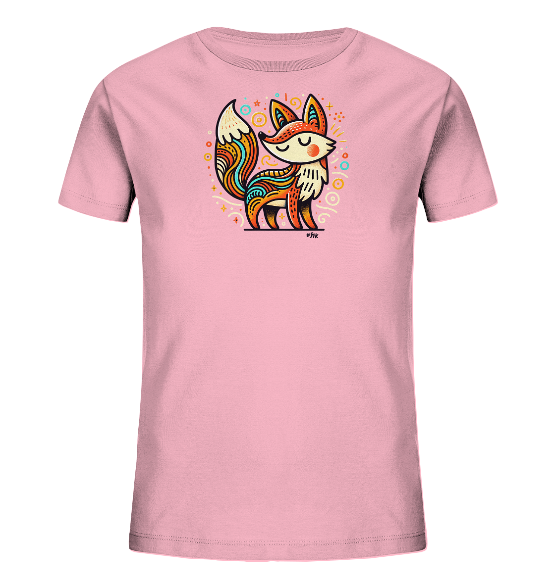 Onlineshop Shirts fuer Kinder - Das Bild zeigt ein rosa Kinder T-Shirt mit einem farbenfrohen Fuchs-Motiv auf der Vorderseite. Der stilisierte Fuchs ist detailreich mit Mustern in Blau, Gelb und Orange gestaltet und steht inmitten kleiner dekorativer Elemente. Er blickt ueber die Schulter zurueck und wirkt ruhig. Dieses kuenstlerische Design verleiht dem Shirt einen froehlichen und ansprechenden Look fuer Kinder.