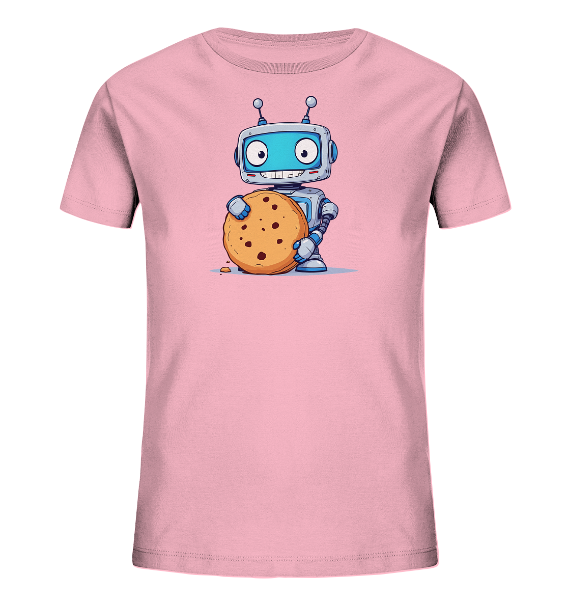 Onlineshop Shirts für Kinder - Das Bild zeigt ein T-Shirt in einem sanften Rosaton. Auf der Vorderseite ist eine lustige, cartoonhafte Illustration eines Roboters zu sehen, der einen großen Schokoladenkeks in den Händen hält. Der Roboter hat große blaue Augen, ein breites Lächeln und zwei Antennen auf dem Kopf. Das Design ist farbenfroh und vermittelt einen verspielten und freundlichen Eindruck, perfekt für Kinder.