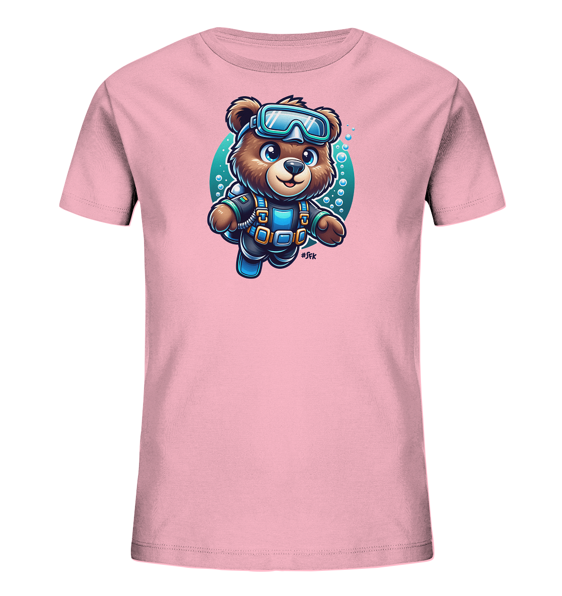 Onlineshop Shirts fuer Kinder - Ein hellrosa Kinder T-Shirt mit einem lustigen Grafikdruck. Das Motiv zeigt einen niedlichen Zeichentrick-Baeren in Tauchausruestung. Der Baer schwimmt vor einem ovalen, tuerkisfarbenen Hintergrund, umgeben von stilisierten Blasen. Das Design wirkt freundlich und abenteuerlich.