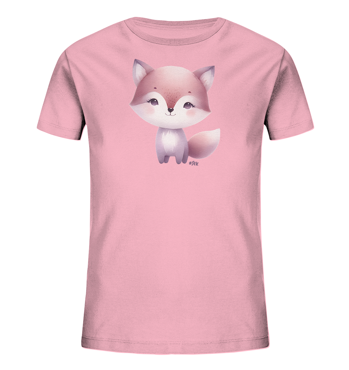 Onlineshop Shirts fuer Kinder - Das Bild zeigt ein hellrosa T-Shirt fuer Kinder. Auf der Vorderseite ist eine niedliche Illustration eines kleinen Fuchses abgebildet. Der Fuchs sitzt aufrecht und hat ein freundliches, verspieltes Aussehen mit grossen Augen und einem buschigen Schwanz. Die Farben der Illustration sind sanft und harmonisch aufeinander abgestimmt.