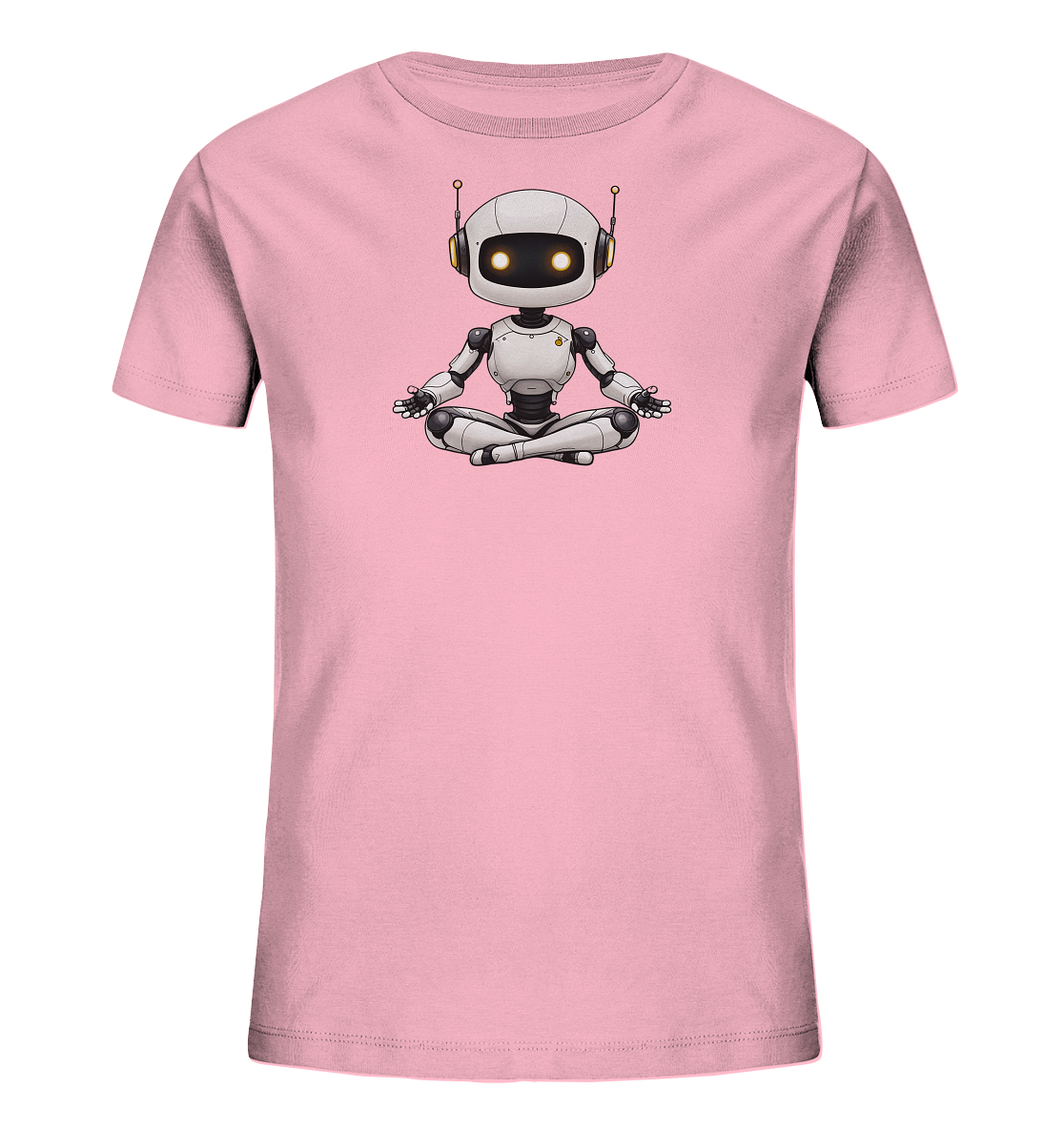 Onlineshop Shirts für Kinder - Das Bild zeigt ein hellrosa Kinder-T-Shirt auf schwarzem Hintergrund. Auf der Vorderseite des Shirts ist eine zentrierte Illustration eines kleinen, weißen Roboters. Der Roboter sitzt in einer Meditationshaltung (Lotussitz), hat leuchtend gelbe Augen, Kopfhörer und Antennen. Die Darstellung des Roboters ist klar und detailliert, was dem Design einen ruhigen und dennoch verspielten Charakter verleiht.