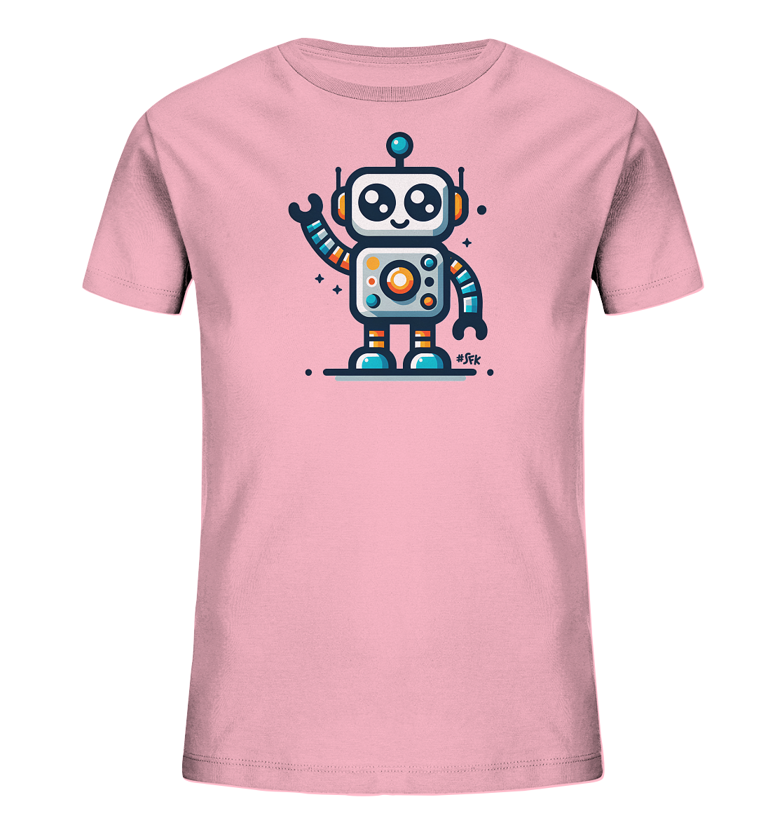 Onlineshop Shirts fuer Kinder - Das Bild zeigt ein hellrosa T-Shirt fuer Kinder mit einem farbenfrohen Roboter-Aufdruck auf der Vorderseite. Der Roboter ist im Cartoon-Stil gestaltet, hat grosse Augen und ein laechelndes Gesicht. Seine Arme, Beine und der Koerper weisen Details in Blau, Orange und Weiss auf. Kleine Sterne und eine Bodenlinie ergaenzen das verspielte Design der Grafik.