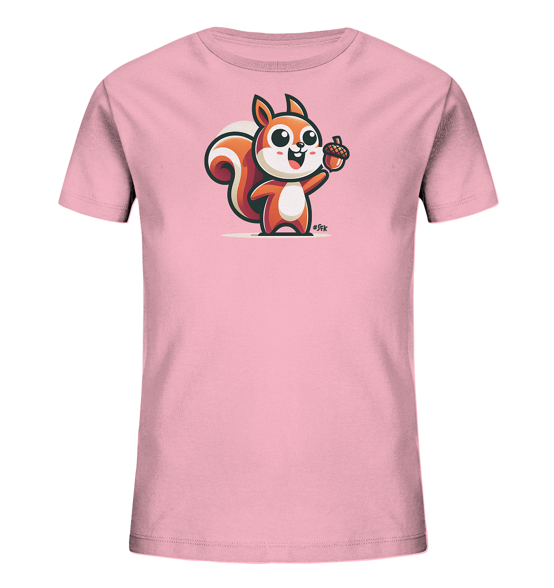 Onlineshop Shirts fuer Kinder - Das Bild zeigt ein hellrosa Kinder T-Shirt mit einem niedlichen Eichhoernchen Motiv auf der Vorderseite. Das cartoonartige Eichhoernchen in Orange und Weiss haelt eine Eichel in seiner Pfote. Es hat einen froehlichen Gesichtsausdruck und einen buschigen Schwanz. Das Design wirkt verspielt und freundlich, ideal fuer Kinder.