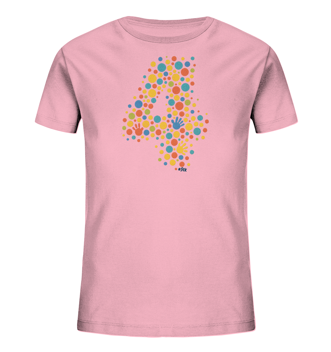 Onlineshop Shirts fuer Kinder - Das Bild zeigt ein hellrosa Kinder-T-Shirt mit einem grossen Motiv der Zahl '4' auf der Vorderseite. Diese ist aus zahlreichen bunten Punkten in verschiedenen Groessen zusammengesetzt, darunter gelbe, orange, blaue, rote und gruene. Eingestreut in das Design sind kleine bunte Handabdruecke, die dem Motiv eine spielerische Note verleihen. Die Gesamtdarstellung ist farbenfroh und lebhaft.
