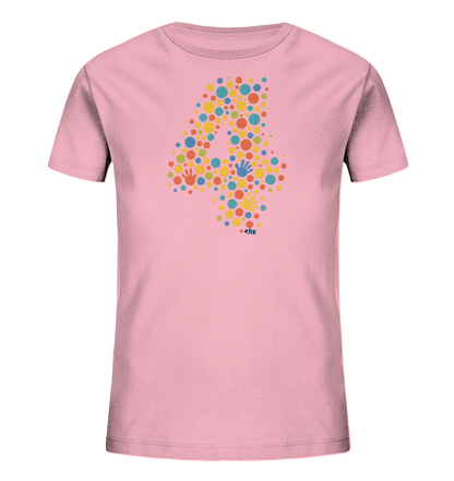 Onlineshop Shirts fuer Kinder - Das Bild zeigt ein hellrosa Kinder-T-Shirt mit einem grossen Motiv der Zahl '4' auf der Vorderseite. Diese ist aus zahlreichen bunten Punkten in verschiedenen Groessen zusammengesetzt, darunter gelbe, orange, blaue, rote und gruene. Eingestreut in das Design sind kleine bunte Handabdruecke, die dem Motiv eine spielerische Note verleihen. Die Gesamtdarstellung ist farbenfroh und lebhaft.