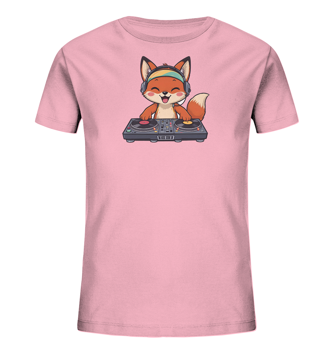 Onlineshop Shirts fuer Kinder - Das Bild zeigt ein rosafarbenes Kinder-T-Shirt mit einem niedlichen Cartoon-Fuchs. Der Fuchs traegt bunte Kopfhoerer und bedient ein DJ-Pult, wobei er einen froehlichen Gesichtsausdruck zeigt. Das Design ist farbenfroh und verspielt, ideal fuer kleine Musikliebhaber. Es verleiht dem T-Shirt einen lustigen und energiegeladenen Charakter.