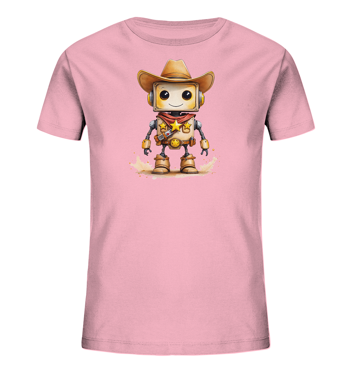 Onlineshop Shirts für Kinder - Das Bild zeigt ein hellrosa Kinder Bio T-Shirt auf einem neutralen Hintergrund. Auf der Vorderseite des Shirts ist eine detaillierte Illustration eines freundlich aussehenden Roboters abgebildet, der als Cowboy gekleidet ist. Der Roboter trägt einen Westernhut, ein rotes Halstuch mit goldenen Sternen und robuste Stiefel, während er auf staubigem Boden steht. Das Design ist farbenfroh und verspielt, perfekt für junge Cowboy-Fans.