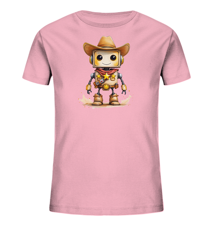 Onlineshop Shirts für Kinder - Das Bild zeigt ein hellrosa Kinder Bio T-Shirt auf einem neutralen Hintergrund. Auf der Vorderseite des Shirts ist eine detaillierte Illustration eines freundlich aussehenden Roboters abgebildet, der als Cowboy gekleidet ist. Der Roboter trägt einen Westernhut, ein rotes Halstuch mit goldenen Sternen und robuste Stiefel, während er auf staubigem Boden steht. Das Design ist farbenfroh und verspielt, perfekt für junge Cowboy-Fans.