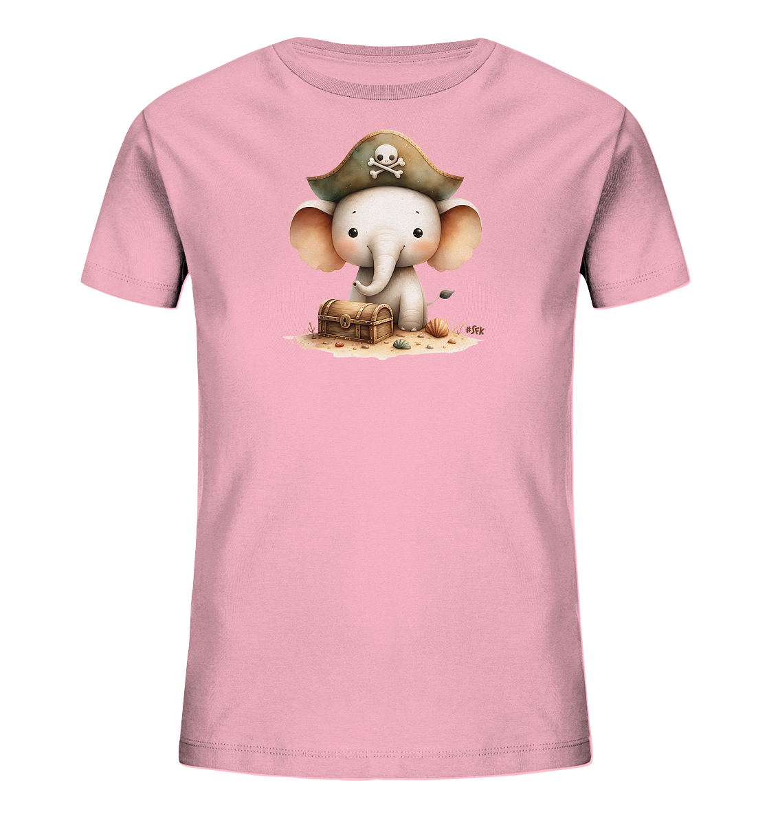 Onlineshop Shirts fuer Kinder - Das Bild zeigt ein hellrosa Kinder-T-Shirt mit einem niedlichen Motiv auf der Vorderseite. Darauf ist ein kleiner Elefant abgebildet, der als Pirat verkleidet ist und einen Piratenhut traegt. Der Elefant sitzt auf Sand neben einer Schatzkiste, umgeben von Muscheln. Dieses verspielte Design ist ideal fuer kleine Abenteurer.
