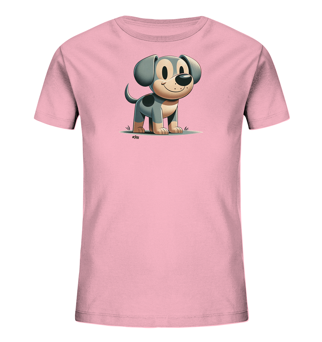 Onlineshop Shirts fuer Kinder - Das Bild zeigt ein rosa T-Shirt fuer Kinder mit einer niedlichen Cartoon-Illustration eines Hundes. Der Hund ist grau und beige mit Flecken und steht auf einer kleinen Grasflaeche. Er hat grosse Ohren, ein freundliches Laecheln und schaut nach vorne. Dieses Design verleiht dem Shirt einen froehlichen und verspielten Look.