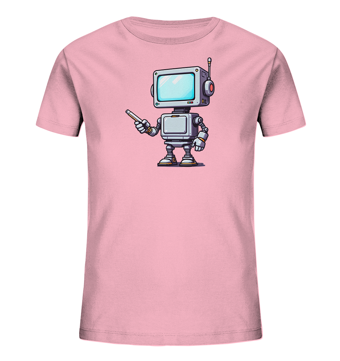 Onlineshop Shirts für Kinder - Das Bild zeigt ein Kinder T-Shirt in einem hellen Rosaton, auf dessen Vorderseite eine Illustration eines Roboters zu sehen ist. Der Roboter hat einen Bildschirm als Kopf, graue Gliedmaßen und hält einen Stift oder Stylus in einer Hand. Die Darstellung ist im Cartoon-Stil gehalten und wirkt freundlich und zugänglich. Das Design ist zentral auf dem Shirt platziert und hebt sich deutlich vom Stoff ab.
