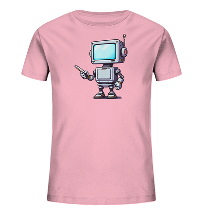 Onlineshop Shirts für Kinder - Das Bild zeigt ein Kinder T-Shirt in einem hellen Rosaton, auf dessen Vorderseite eine Illustration eines Roboters zu sehen ist. Der Roboter hat einen Bildschirm als Kopf, graue Gliedmaßen und hält einen Stift oder Stylus in einer Hand. Die Darstellung ist im Cartoon-Stil gehalten und wirkt freundlich und zugänglich. Das Design ist zentral auf dem Shirt platziert und hebt sich deutlich vom Stoff ab.