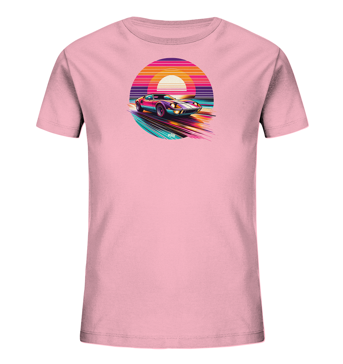 Kinder T-Shirt mit ein farbiger Sportwagen vor einer gestreiften Retro-Sonne