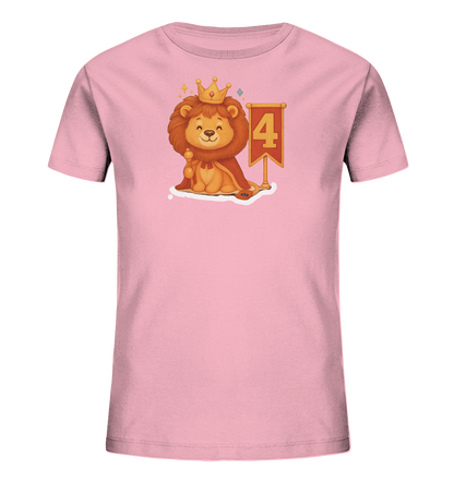 Kinder T-Shirt mit Löwenkönig, Krone, rotem Umhang und Zahl 4